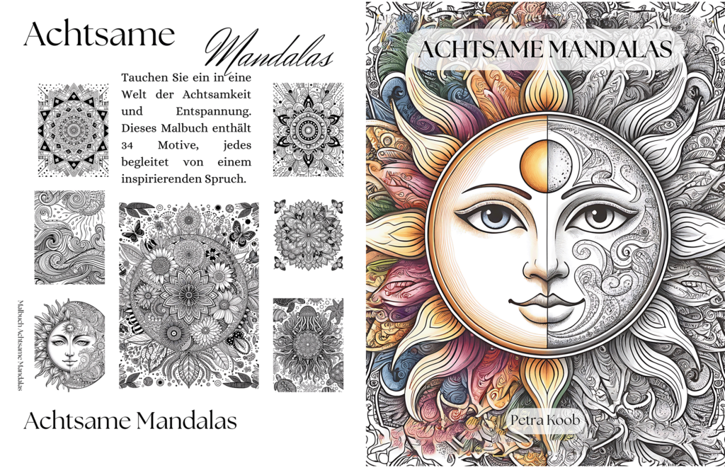 Cover des Graustufen-Ausmalbuchs ‚Achtsame Mandalas‘ – Auf der Vorderseite eine Sonne, auf der Rückseite sieben Motive und eine kurze Beschreibung des Inhalts.