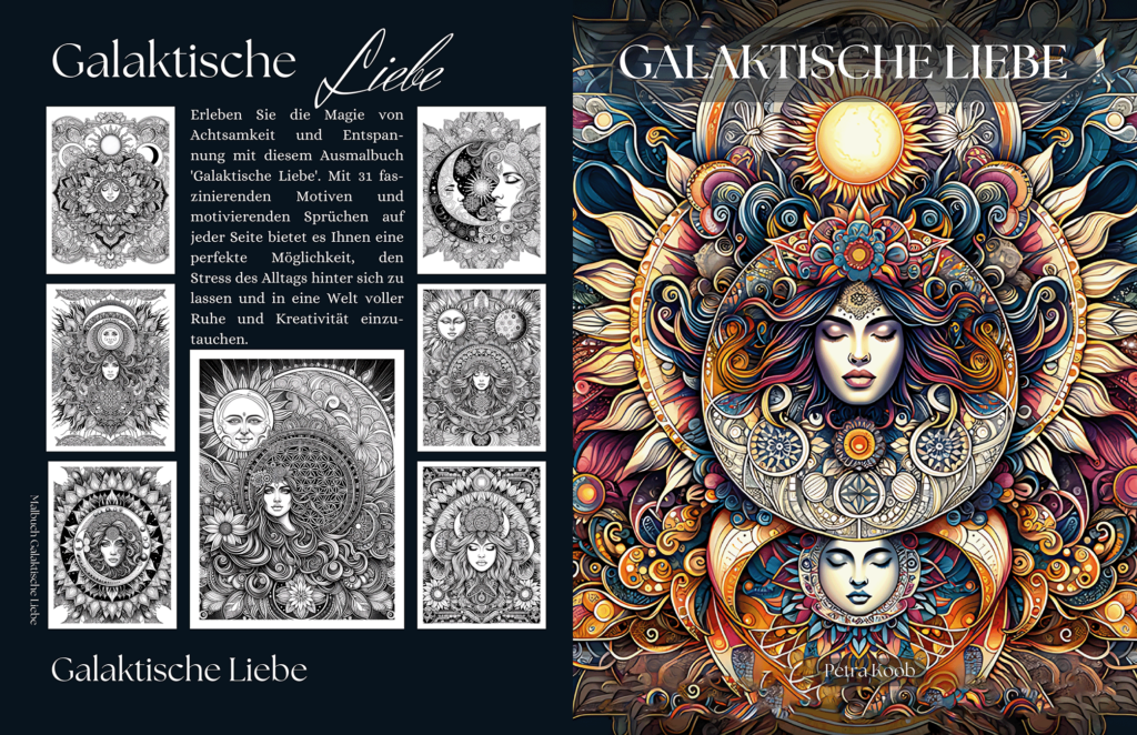 Cover des Graustufen-Ausmalbuchs ‚Galaktische Liebe‘ – Auf der Vorderseite ein galaktisches Bild mit Sonne, Mond, Sternen und einem Frauengesicht, auf der linken Rückseite sieben Seiten-Auszüge mit galaktischen Motiven und Gesichtern sowie einer kurzen Buchbeschreibung.